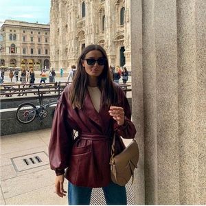 Faux Leather Blazer with Belt